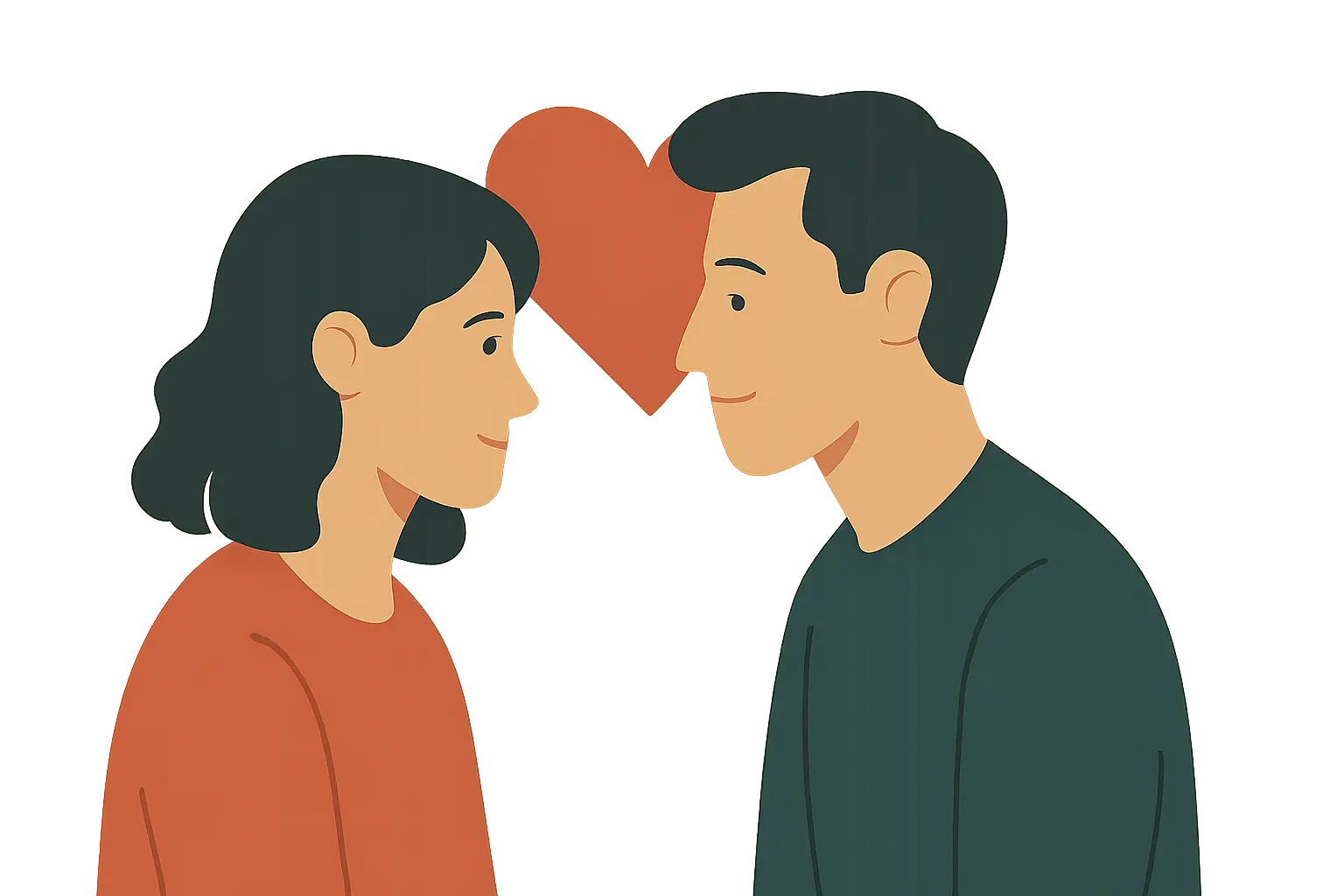 Abstract Couple Illustration – Connection and Rebuilding Transparent digital illustration of a couple facing each other with a red heart between them, symbolizing emotional reconnection in couples counseling.