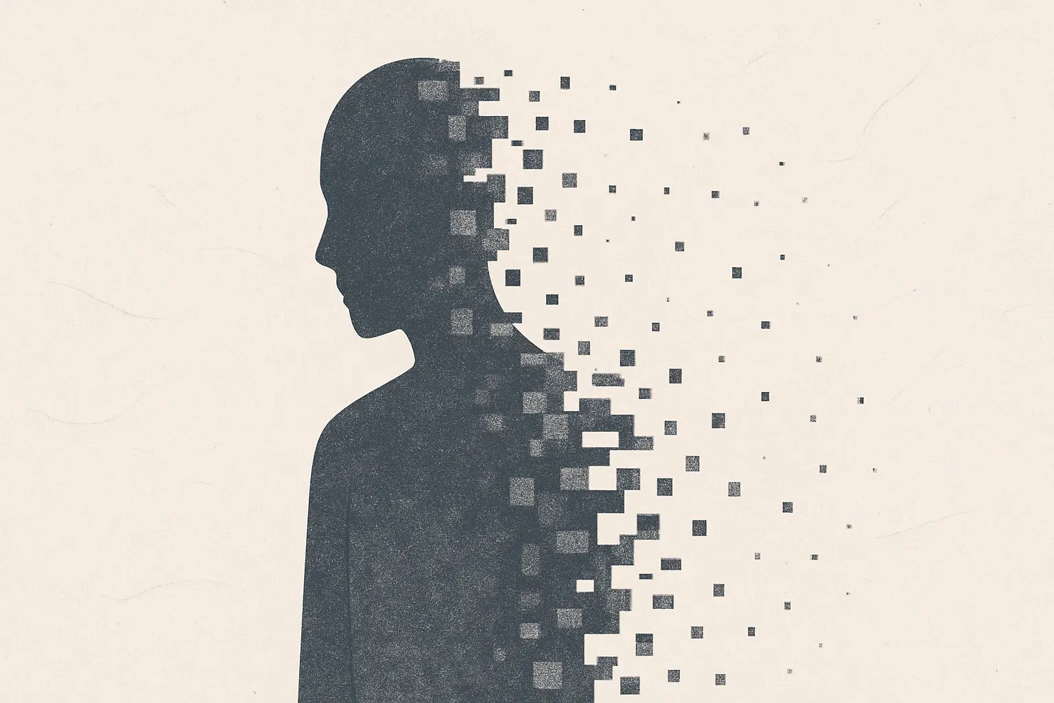 Emotional Fragmentation Visualizing the Hidden Effects of Relationship Trauma Abstract silhouette of a human figure dissolving into pixelated fragments, symbolizing emotional fading and loss of self-worth.