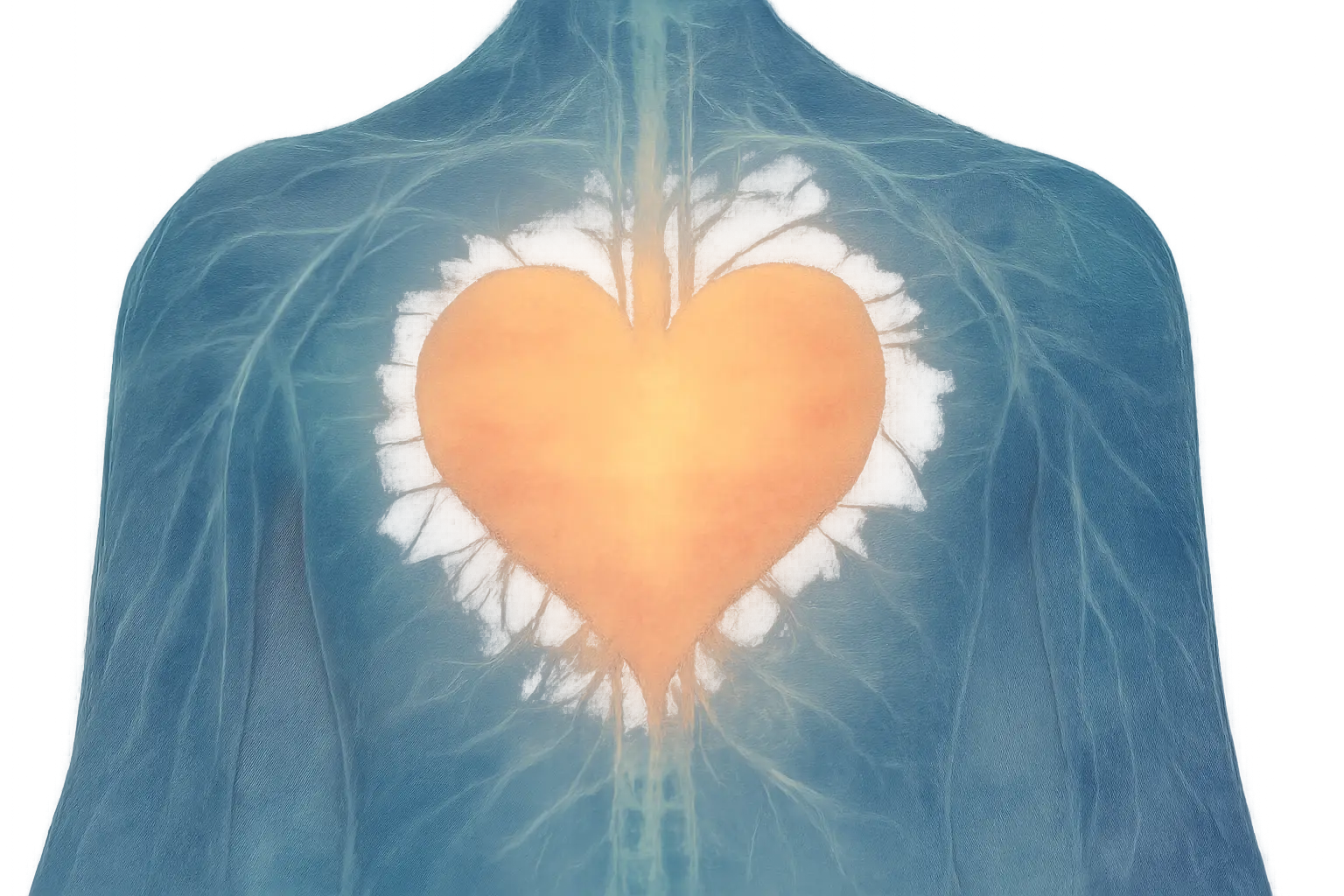 Heart and Nervous System Glow – Emotional Awareness Abstract digital artwork showing a glowing orange heart centered over a blue nervous system, symbolizing the emotional and physical connection explored in couples counseling.