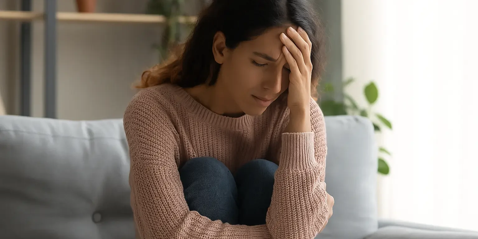 Relationship Trauma and Emotional Abuse A woman sitting on a couch in deep thought, symbolizing emotional pain and relationship trauma.