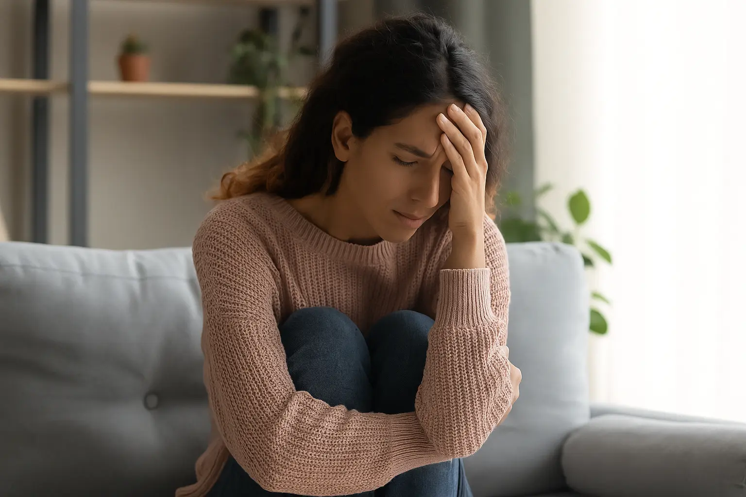 A woman sitting on a couch in deep thought, symbolizing emotional pain and relationship trauma.