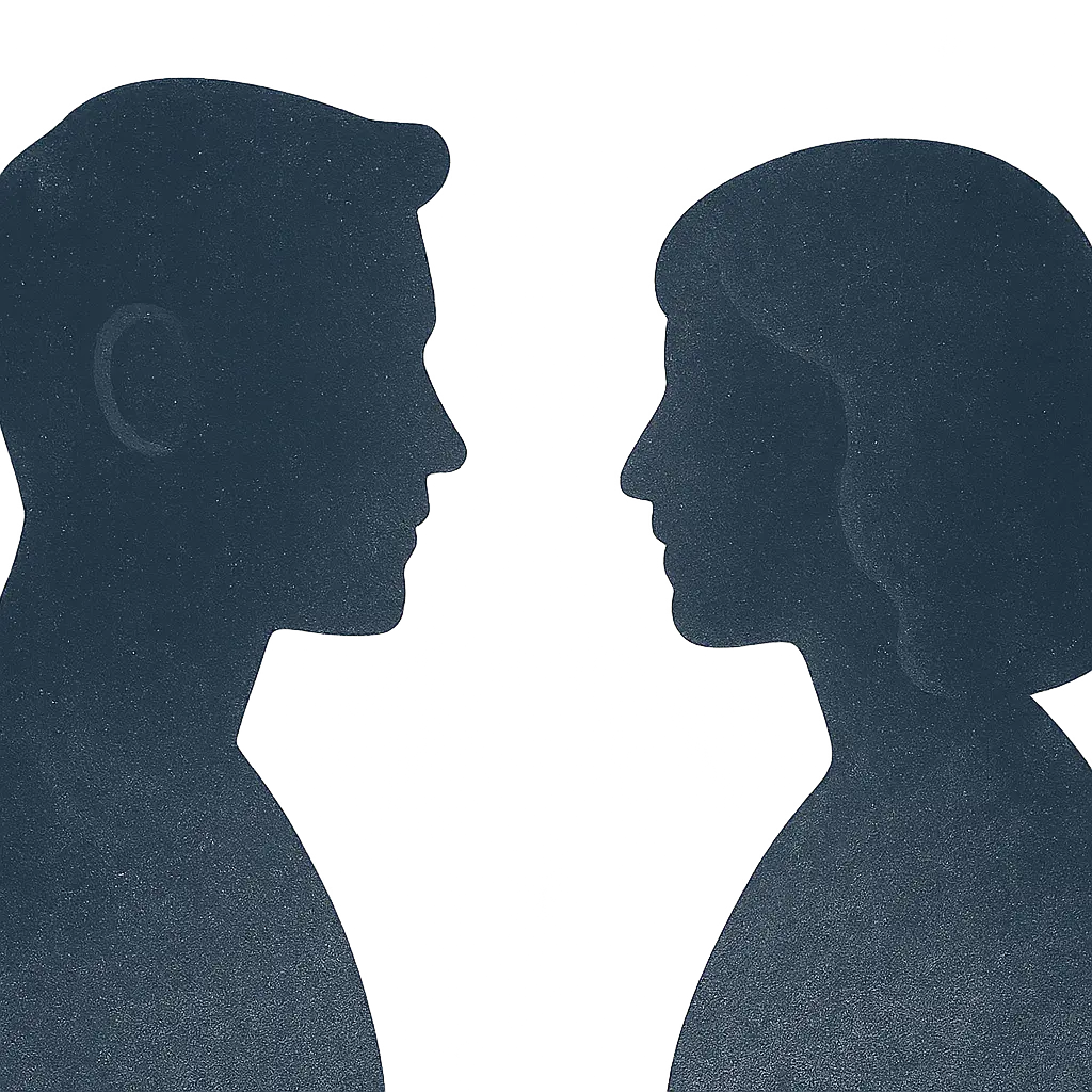 Shared Light Between Partners – Emotional Connection Minimalist illustration of two people facing each other with a soft golden light between them, symbolizing emotional connection and mutual understanding in couples counseling.