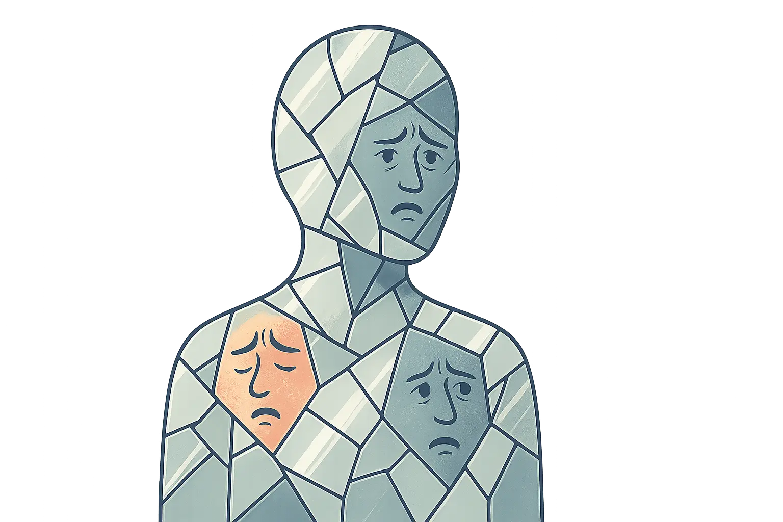 The Fragmented Reality of Emotional Abuse Silhouette made of broken mirror shards symbolizing emotional manipulation and self-doubt