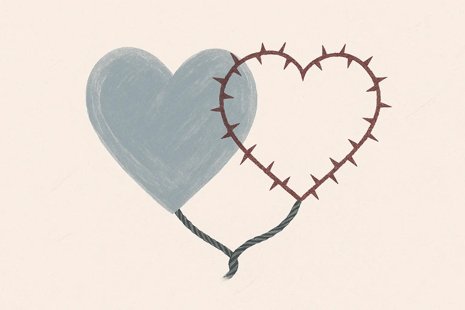 Trauma Bonding When Love and Fear Are Intertwined Two overlapping hearts—one soft and brush-stroked, the other outlined in thorns tied by a twisted thread, representing love entangled with emotional pain.