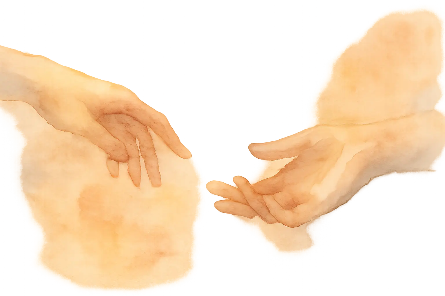 Watercolor Hands Reaching Toward Connection Gentle watercolor painting of two hands reaching for each other with warm, soft tones, symbolizing emotional closeness and support in couples counseling.