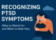 Digital graphic showing a person sitting in quiet reflection with text overlay: Recognizing PTSD Symptoms – Learn the signs and take the first step toward healing. Ideal for mental health support content.