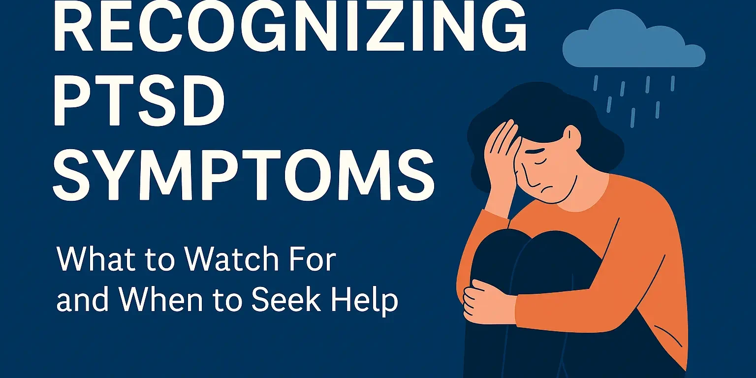 recognizing ptsd symptoms Digital graphic showing a person sitting in quiet reflection with text overlay: Recognizing PTSD Symptoms – Learn the signs and take the first step toward healing. Ideal for mental health support content.