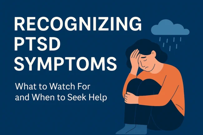 recognizing ptsd symptoms Digital graphic showing a person sitting in quiet reflection with text overlay: Recognizing PTSD Symptoms – Learn the signs and take the first step toward healing. Ideal for mental health support content.