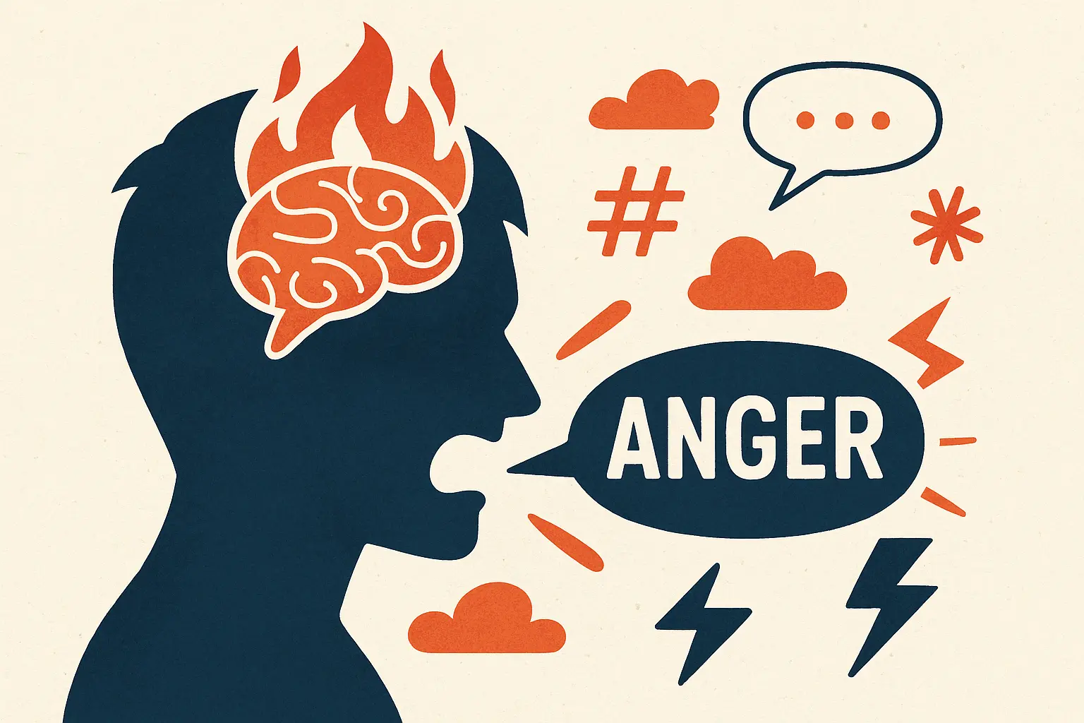 Abstract illustration showing the intensity of anger turning into rage Abstract digital illustration of a silhouette with a fiery brain and speech bubble, symbolizing how normal anger can escalate into uncontrolled rage.