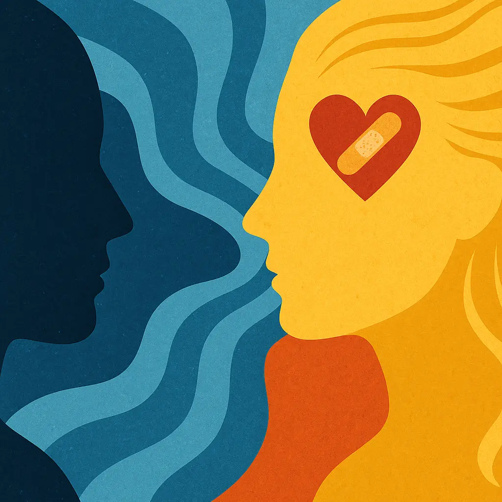 Abstract representation of childhood attachment forming adult bonds Abstract illustration of two connected human profiles, one in blue and one in gold, with a heart symbol representing how childhood caregiver bonds shape adult emotional relationships.