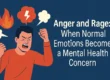 Digital illustration of a frustrated man clenching his fists with flames and speech bubbles, symbolizing how unmanaged anger can escalate into mental health issues.