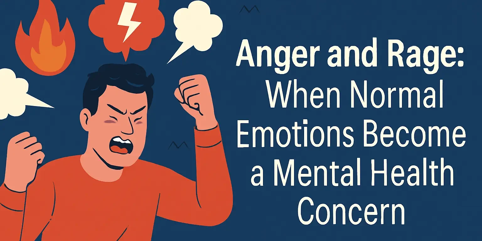 Illustration of anger and rage as a mental health concern Digital illustration of a frustrated man clenching his fists with flames and speech bubbles, symbolizing how unmanaged anger can escalate into mental health issues.