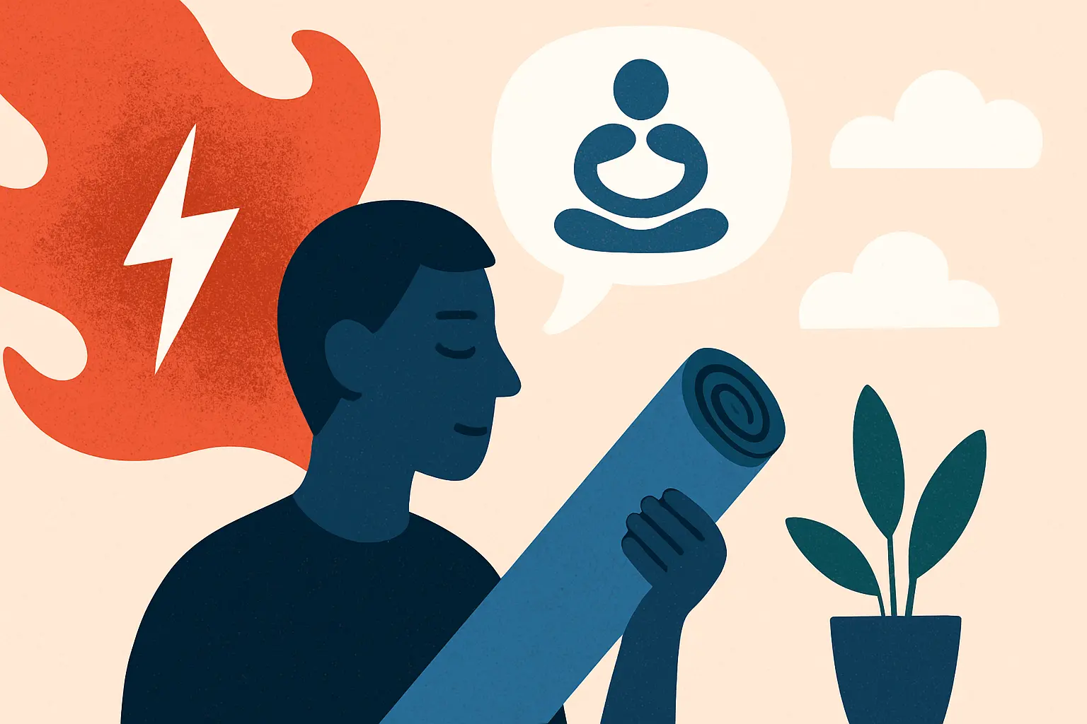 Illustration of healthy coping strategies for anger management Abstract illustration of a person holding a yoga mat with calm expression, surrounded by flames on one side and peaceful symbols on the other, symbolizing the shift from rage to mindful coping.