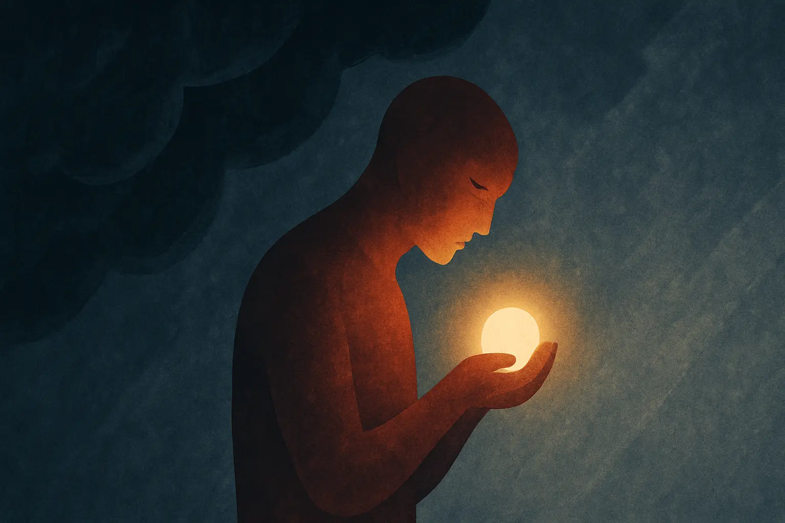 Abstract figure holding a glowing sphere in a stormy background, symbolizing courage, strength, and resilience in seeking marriage counseling.