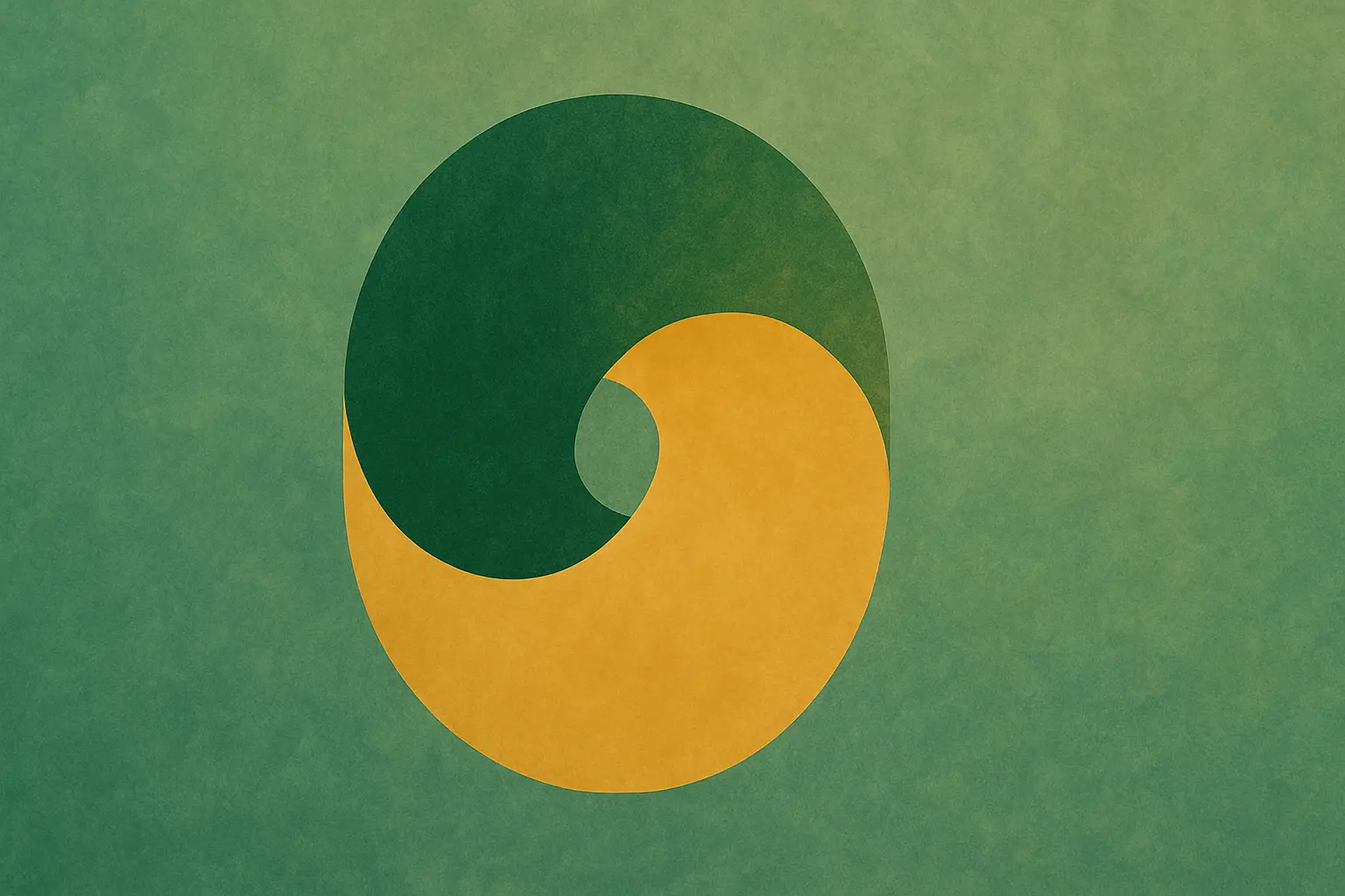 Two overlapping abstract shapes forming a balanced circle in green and gold, representing unity, healing, and partnership in counseling