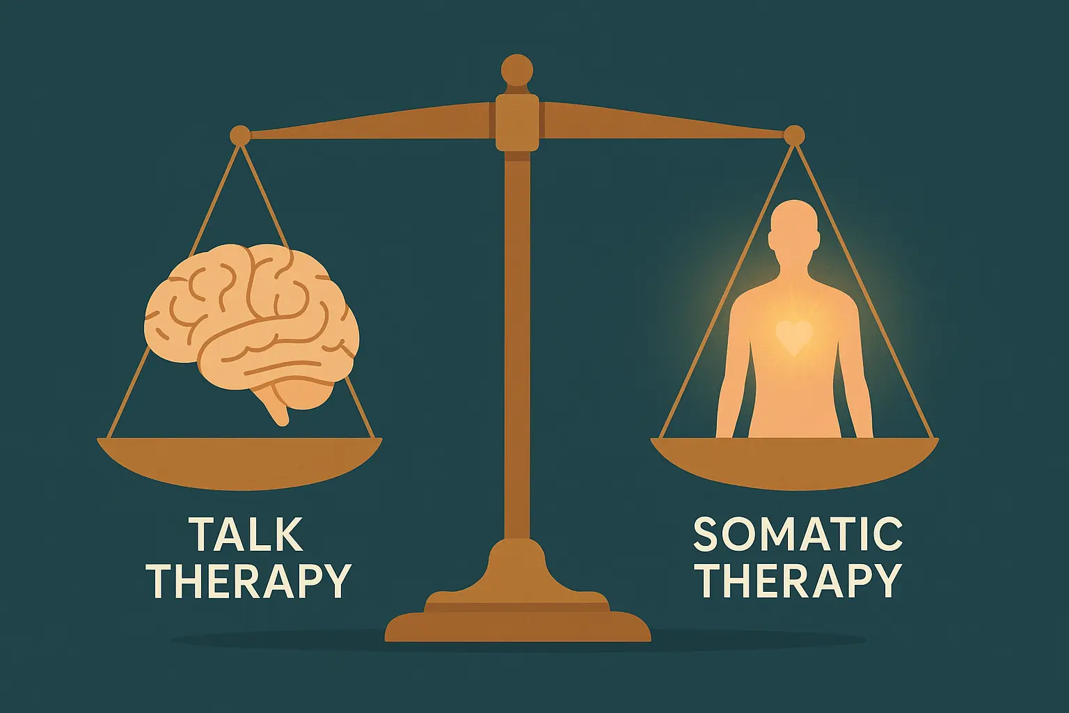 Somatic Therapy vs Talk Therapy Benefits and Limits A balanced scale with a brain on one side and a glowing body outline on the other, symbolizing the balance between talk therapy and somatic therapy