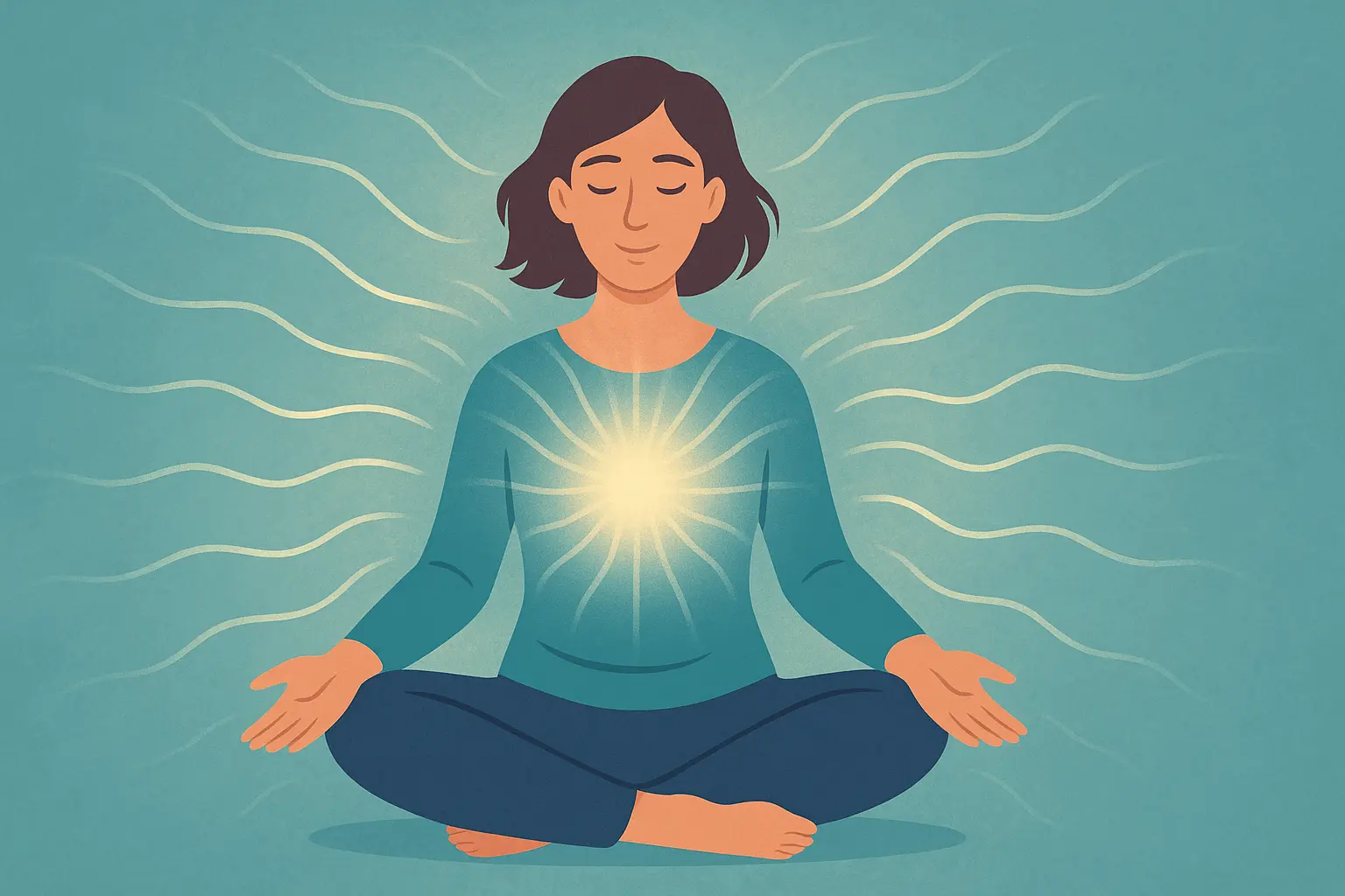release of stored trauma and connection between body and mind A person practicing grounding meditation with calming energy radiating from the body, symbolizing somatic therapy’s focus on body-based healing.