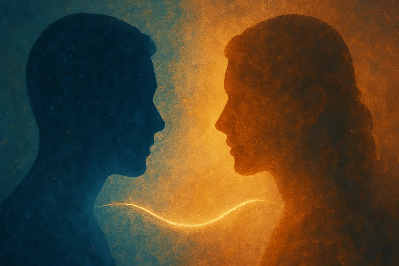 Abstract art of connection in long-distance relationships Abstract illustration of two human silhouettes connected by a glowing line, symbolizing emotional closeness despite distance.