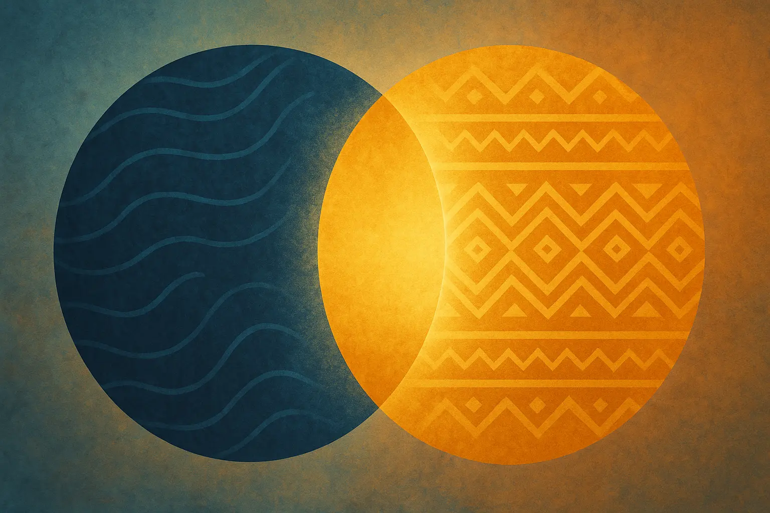 Abstract cultural overlap illustration Abstract illustration of two overlapping circles with different cultural patterns glowing where they meet, symbolizing shared values in intercultural relationships.