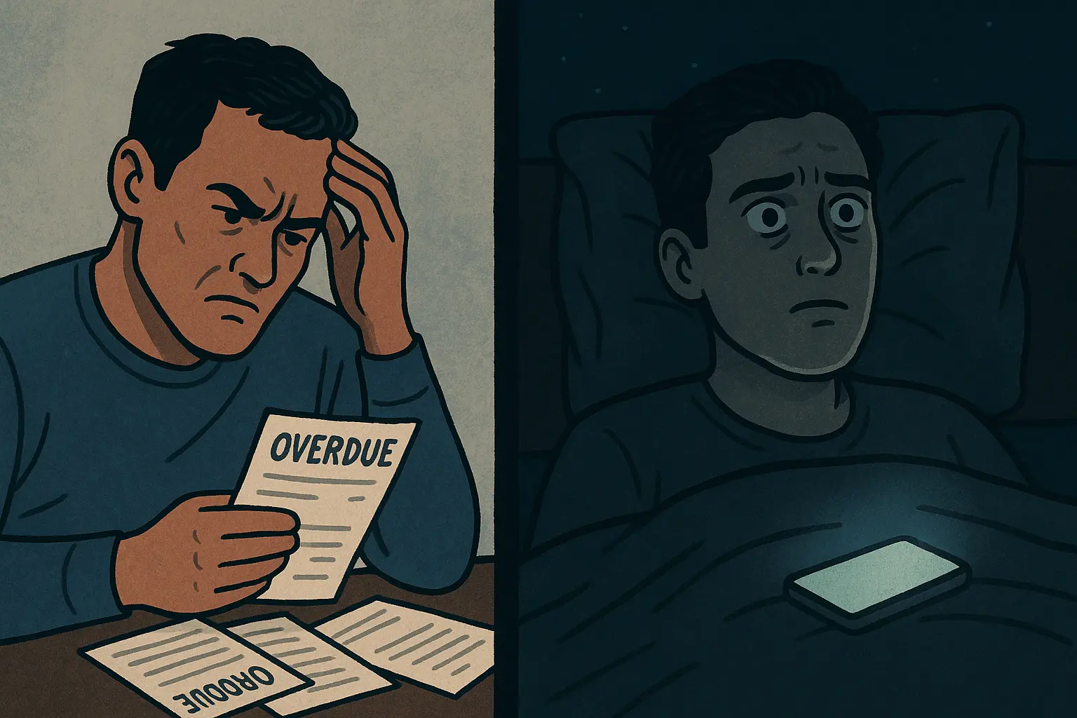 Anxious person stressed over bills and struggling with insomnia, showing the mental health impact of financial stress.
