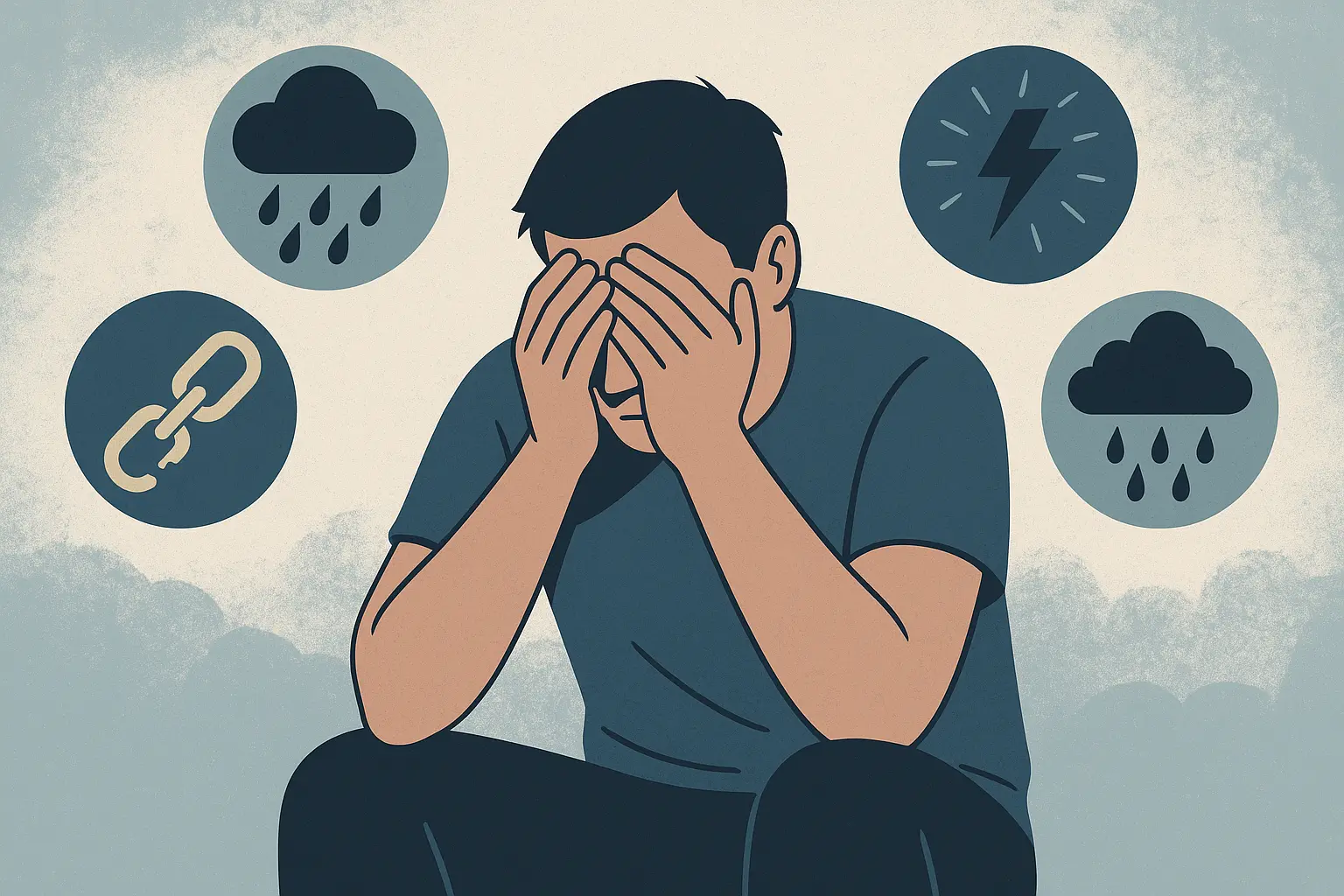 Common mental health challenges for men Illustration of a man surrounded by icons representing anxiety, depression, PTSD, and substance use disorders.