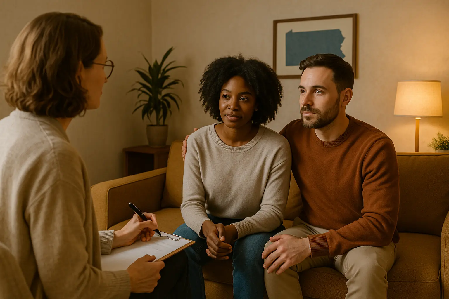 Counseling session with diverse couple in Pennsylvania A therapist guiding an interracial couple during a counseling session in a warm office setting, with a subtle Pennsylvania theme in the background.