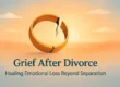 llustration of a broken wedding ring fading into sunrise light, symbolizing grief and healing after divorce.