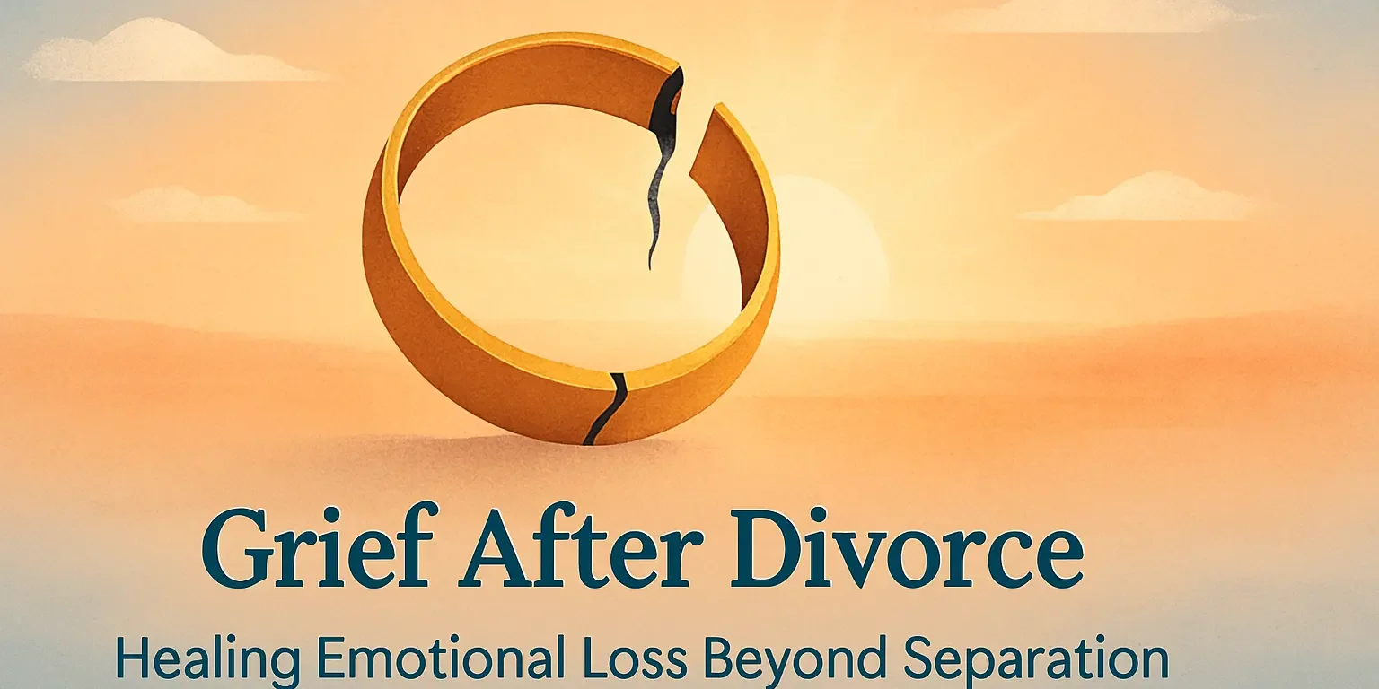 Feature Image Grief After Divorce llustration of a broken wedding ring fading into sunrise light, symbolizing grief and healing after divorce.