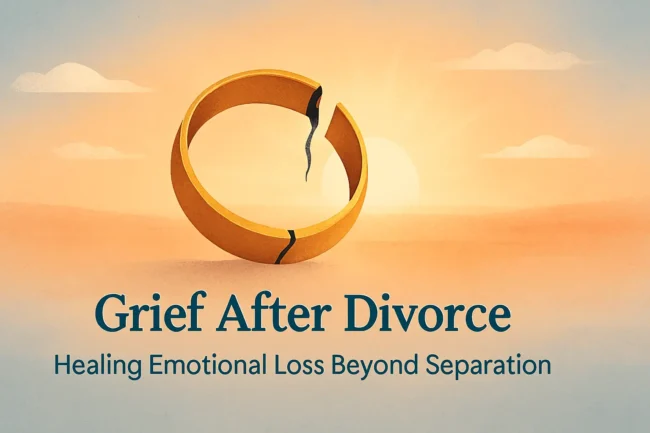 Feature Image Grief After Divorce llustration of a broken wedding ring fading into sunrise light, symbolizing grief and healing after divorce.