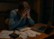Stressed person sitting at a table surrounded by bills and receipts, symbolizing financial stress and its impact on mental health.
