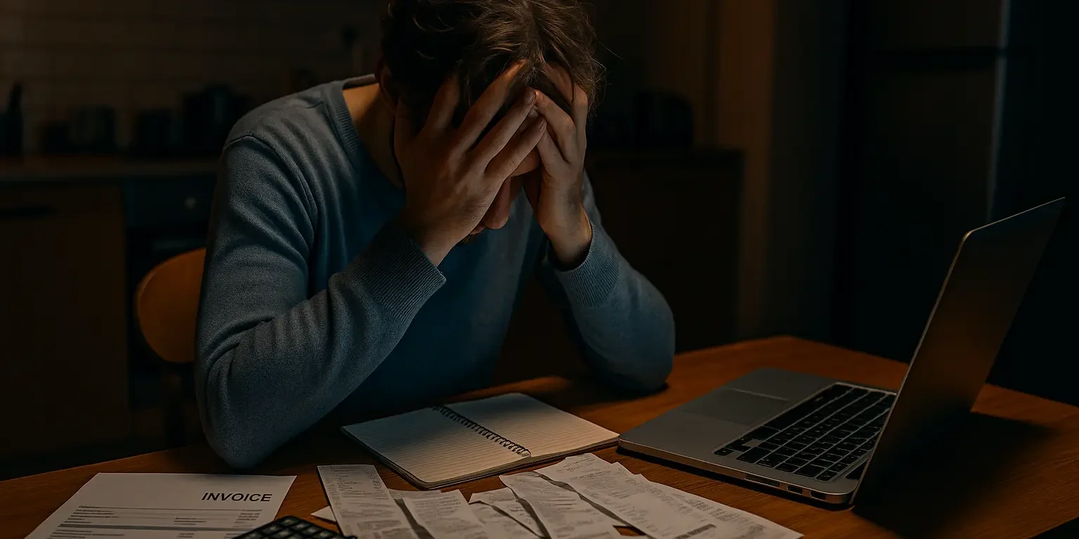 Financial stress and mental health challenges Stressed person sitting at a table surrounded by bills and receipts, symbolizing financial stress and its impact on mental health.