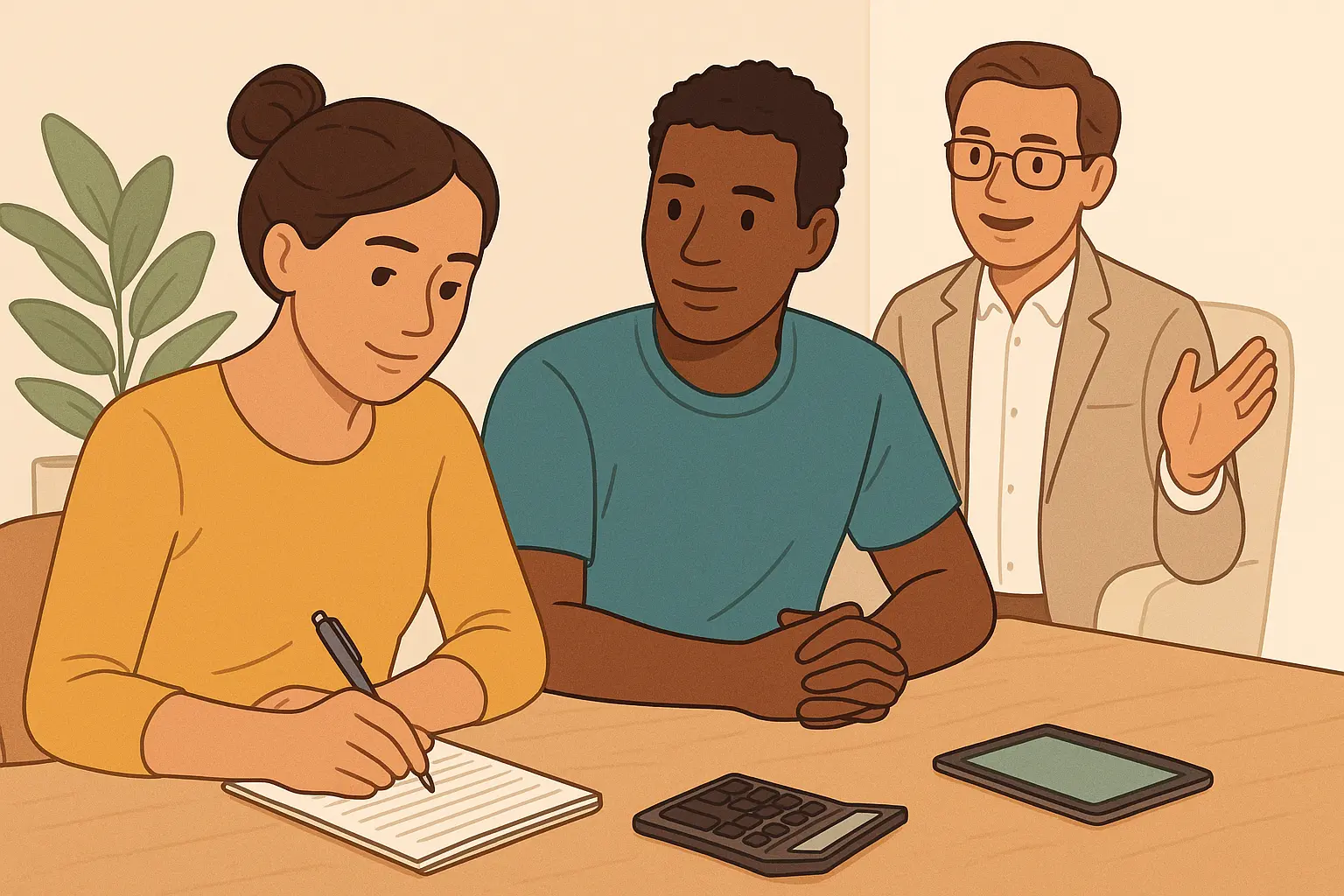 Counselor guiding a person through budgeting and coping strategies to reduce financial stress.
