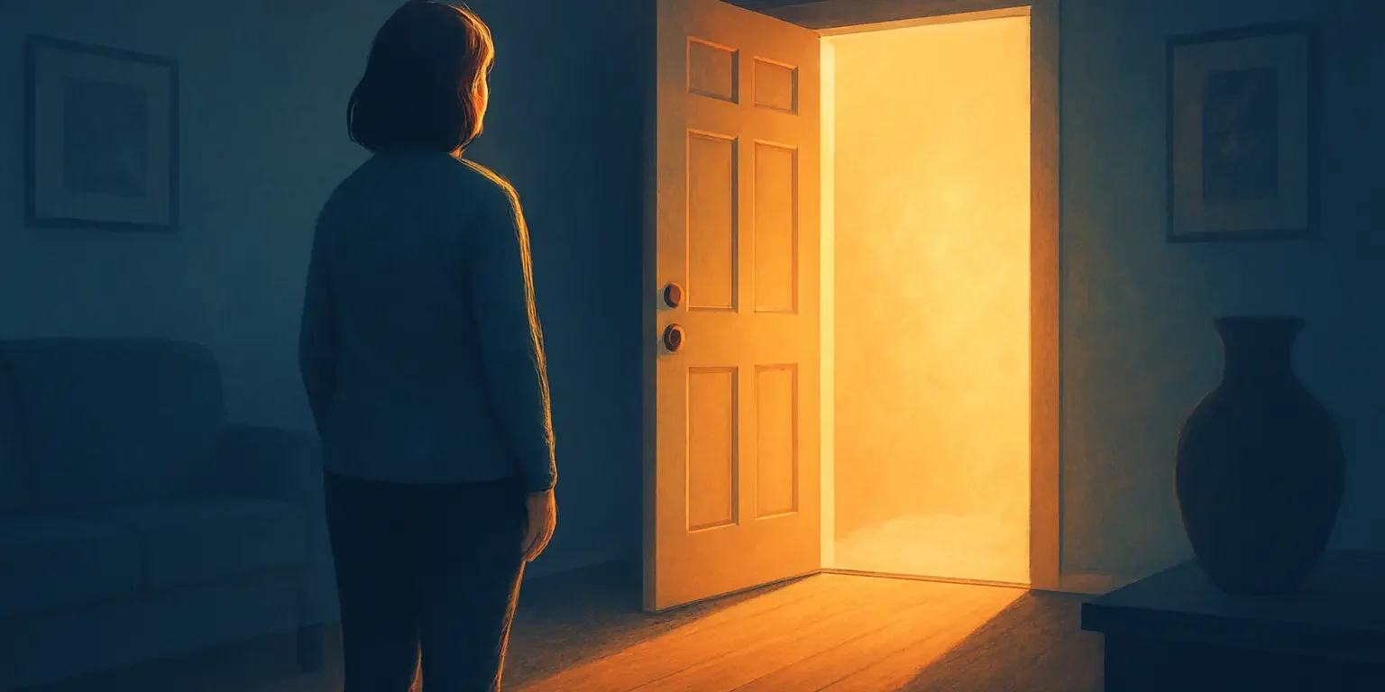 Illustration of Empty Nest Syndrome Parent standing by an open door with sunlight streaming in Illustration of a parent looking at an open door with sunlight streaming in, symbolizing the transition and mixed emotions of Empty Nest Syndrome.