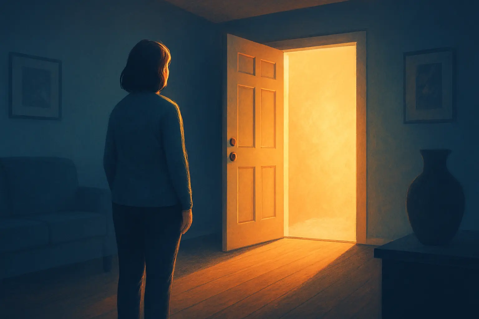 Illustration of a parent looking at an open door with sunlight streaming in, symbolizing the transition and mixed emotions of Empty Nest Syndrome.