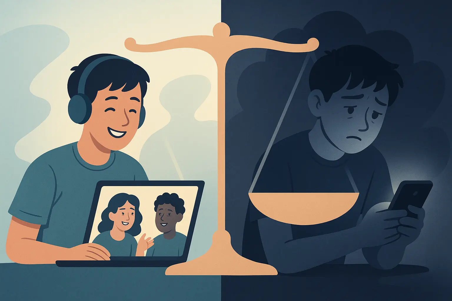 Illustration of balancing social media’s risks and benefits Teenager sitting tired with notifications overwhelming them, representing digital burnout from social media use.