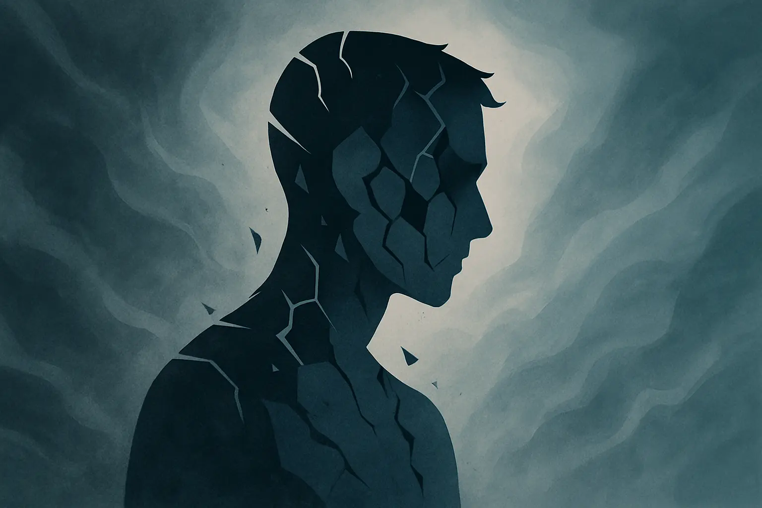 Abstract silhouette fractured into pieces, representing the emotional and physical symptoms of grief after divorce.