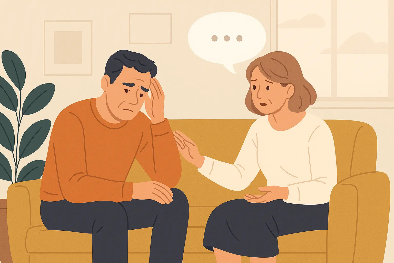 Digital illustration of a couple sitting together, with one partner comforting the other, symbolizing healthy coping strategies and emotional support during Empty Nest Syndrome.