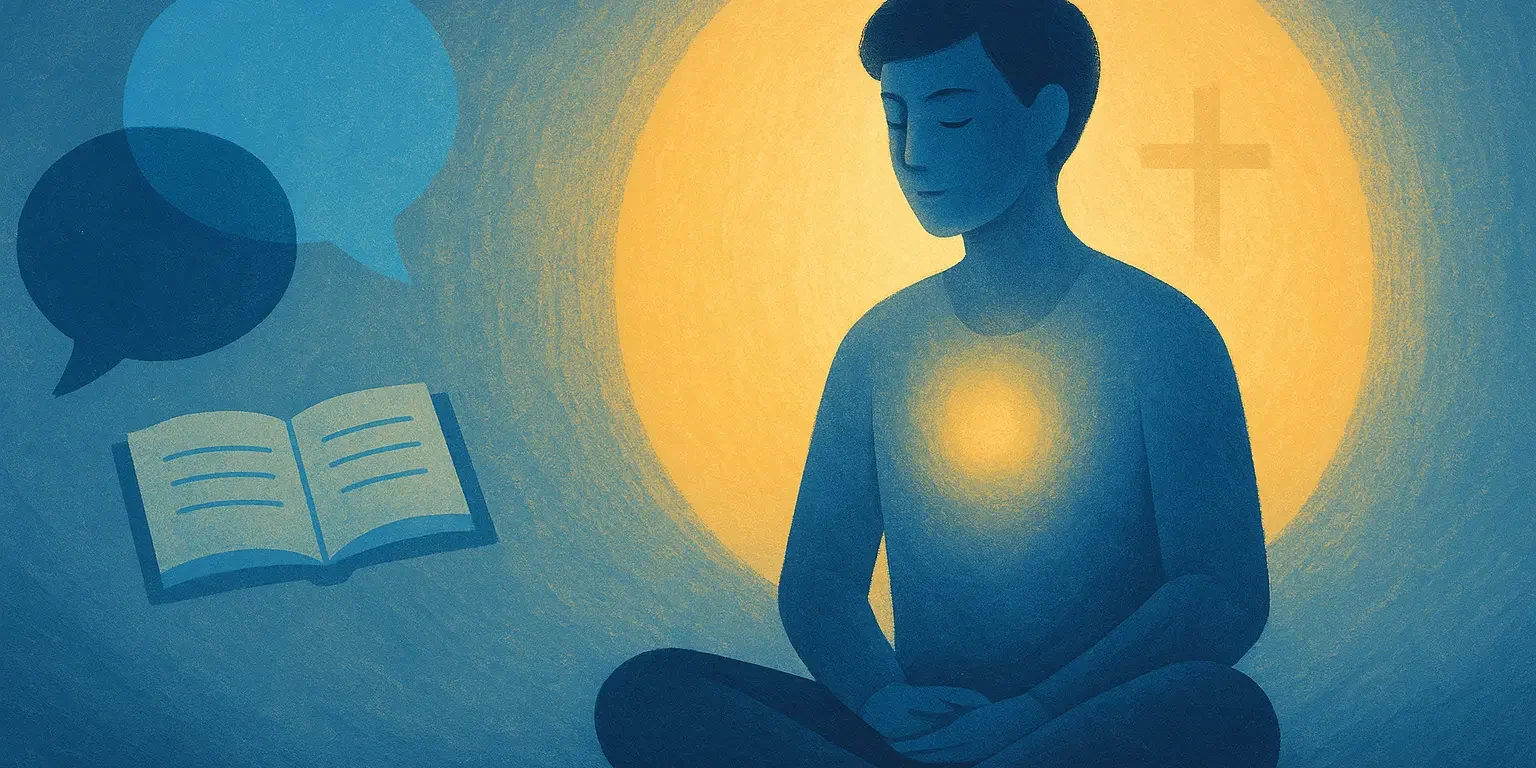 Illustration of the connection between faith and mental health in counseling Abstract illustration of a person in a calm space with symbols of therapy and spirituality, representing the connection between faith and mental health.