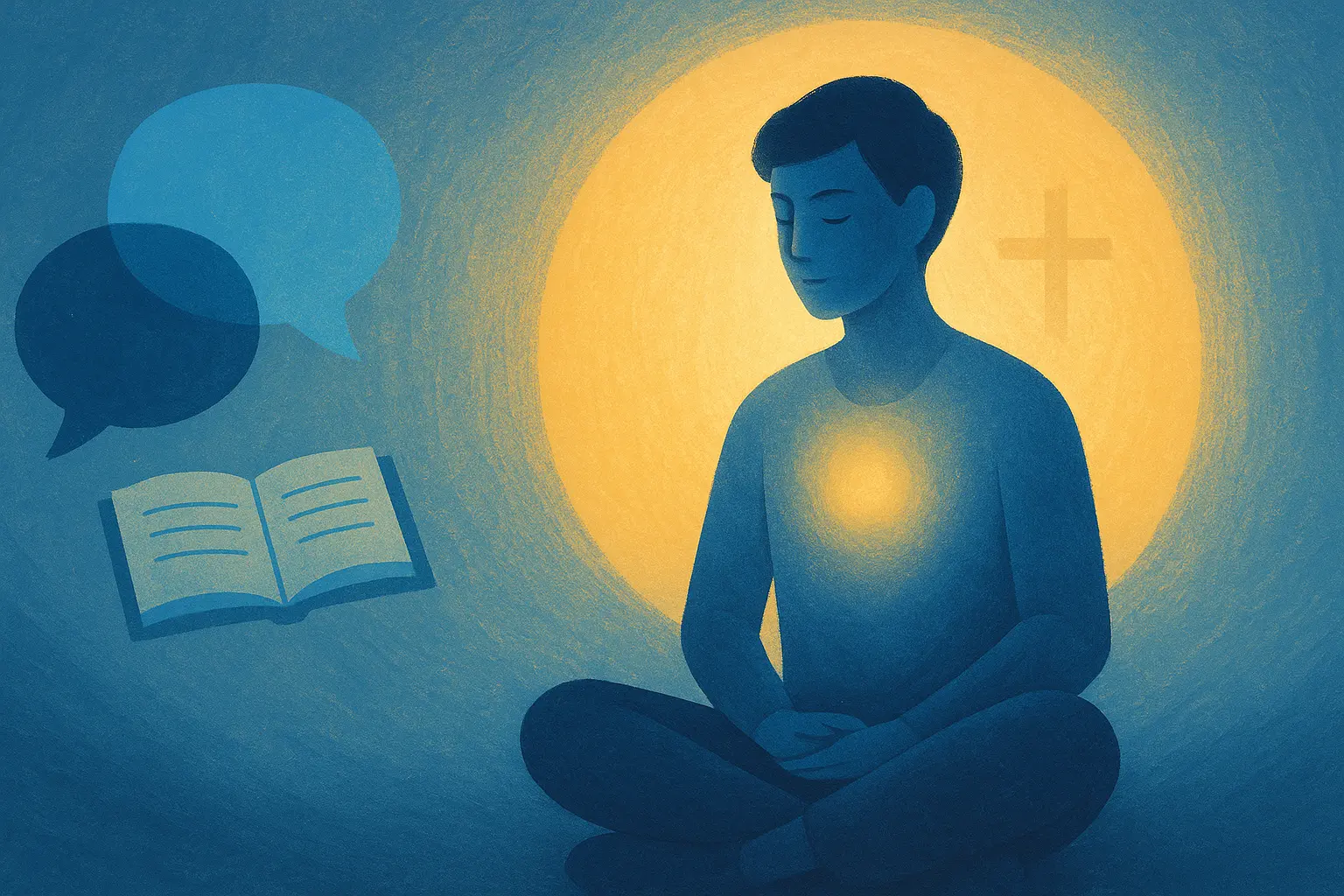 Abstract illustration of a person in a calm space with symbols of therapy and spirituality, representing the connection between faith and mental health.