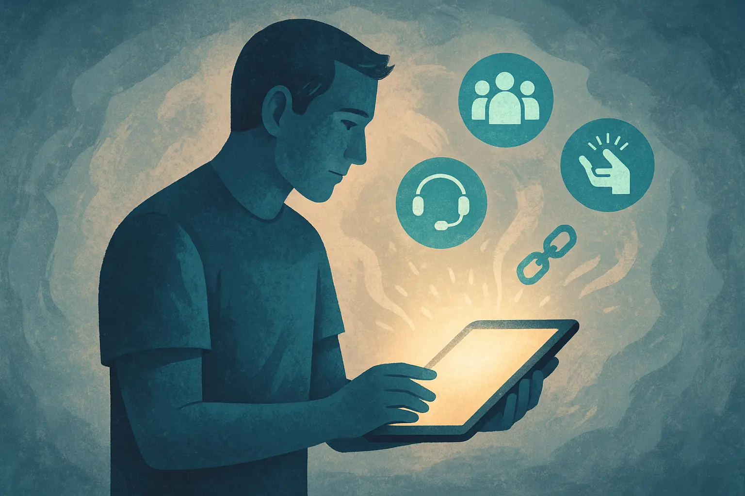 Innovative programs supporting men’s mental health Digital illustration of a man holding a glowing tablet with icons for counseling and community outreach, symbolizing Pennsylvania’s men’s mental health programs.