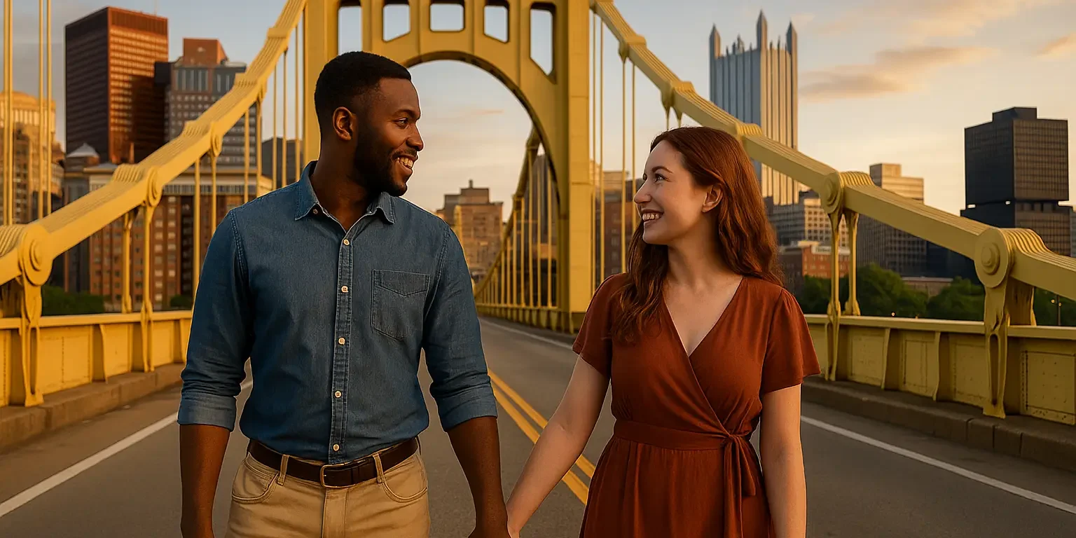 Interracial couple holding hands on a Pittsburgh bridge A diverse couple holding hands on a bridge with the Pittsburgh skyline in the background, symbolizing unity in interracial and intercultural relationships.