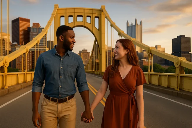 Interracial couple holding hands on a Pittsburgh bridge A diverse couple holding hands on a bridge with the Pittsburgh skyline in the background, symbolizing unity in interracial and intercultural relationships.
