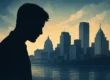 Silhouette of a man reflecting in front of a Pennsylvania skyline, symbolizing men’s mental health awareness and breaking the stigma.