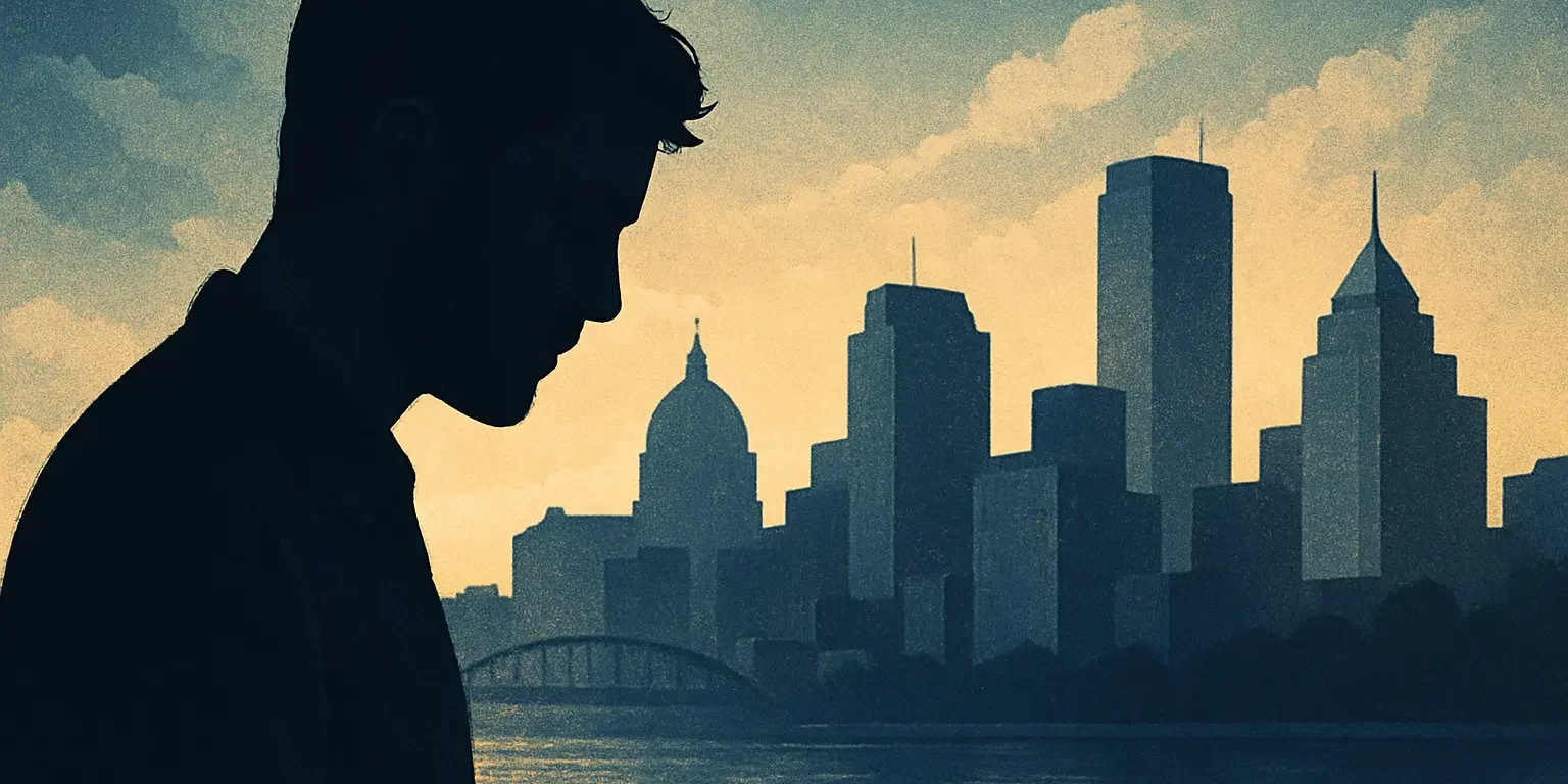 Men’s mental health awareness in Pennsylvania Silhouette of a man reflecting in front of a Pennsylvania skyline, symbolizing men’s mental health awareness and breaking the stigma.