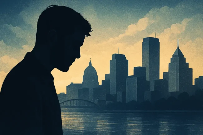 Men’s mental health awareness in Pennsylvania Silhouette of a man reflecting in front of a Pennsylvania skyline, symbolizing men’s mental health awareness and breaking the stigma.