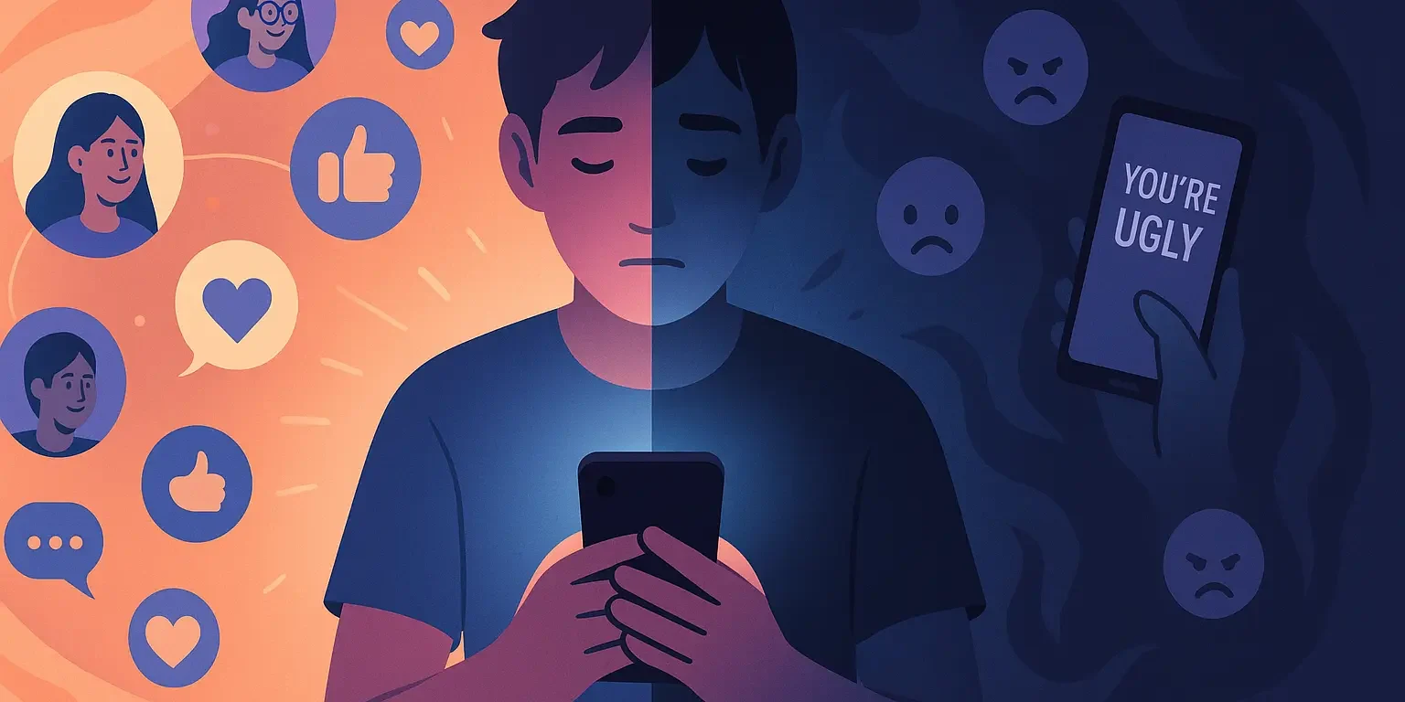 Teenager with phone experiencing both positive and negative effects of social media