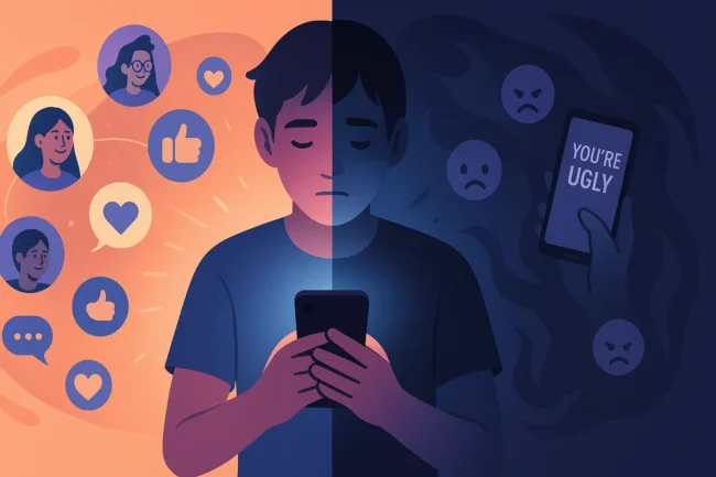 Teenager with phone experiencing both positive and negative effects of social media