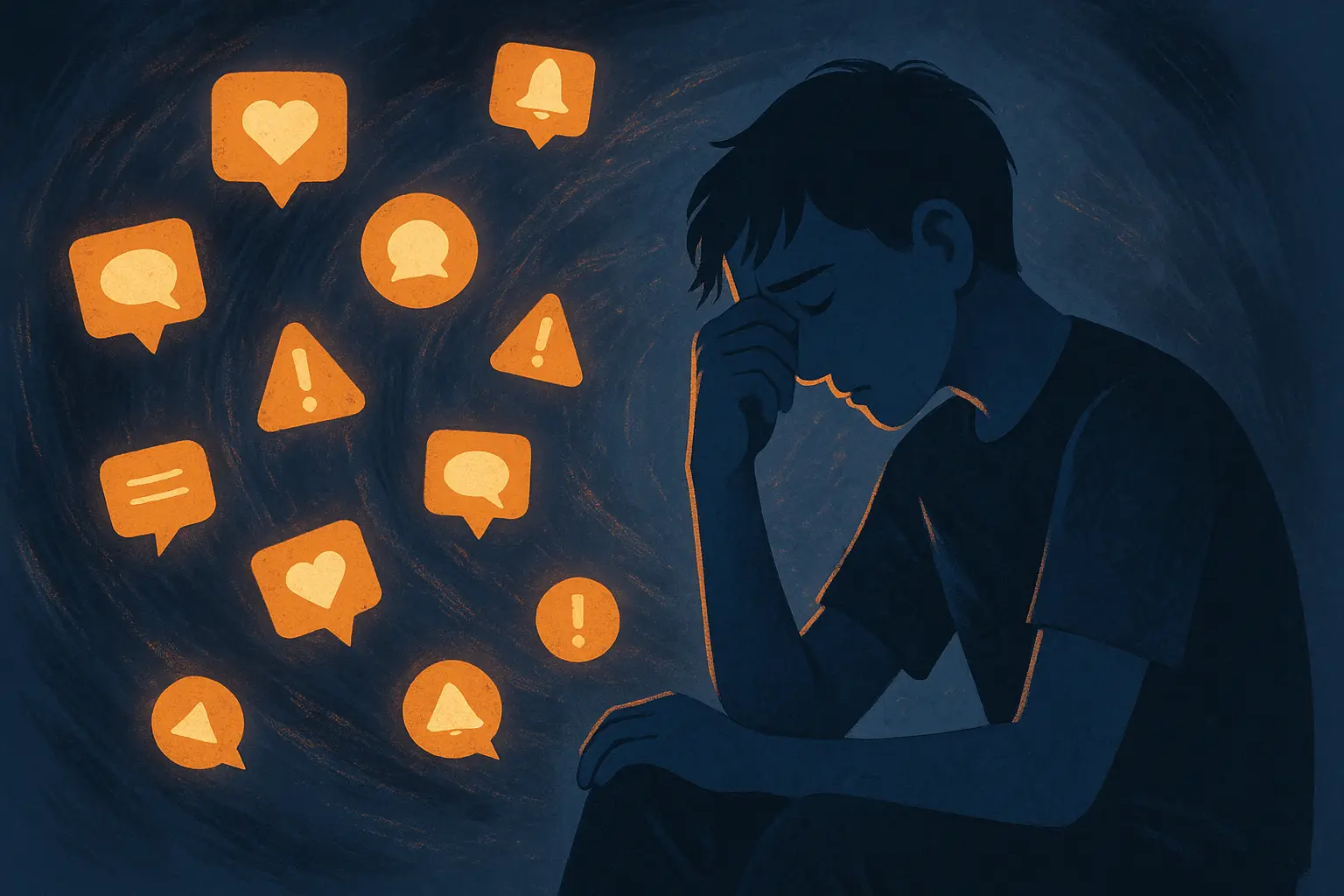 illustration of a teen overwhelmed by digital burnout Teenager sitting tired with notifications overwhelming them, representing digital burnout from social media use.