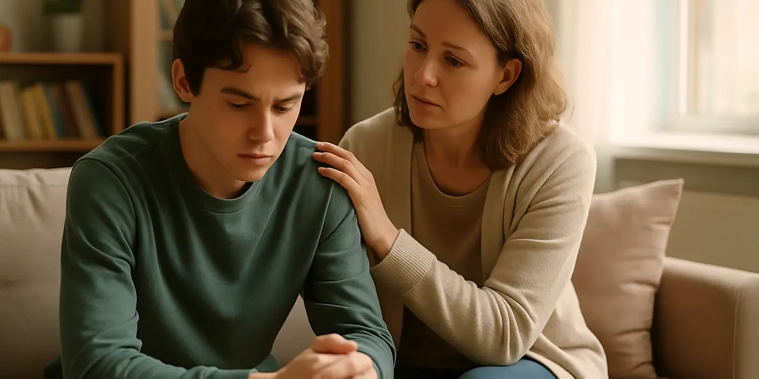 Parenting a Teen with Anxiety, The Power of Understanding Parent comforting their anxious teenager in a warm, softly lit living room, symbolizing support and empathy