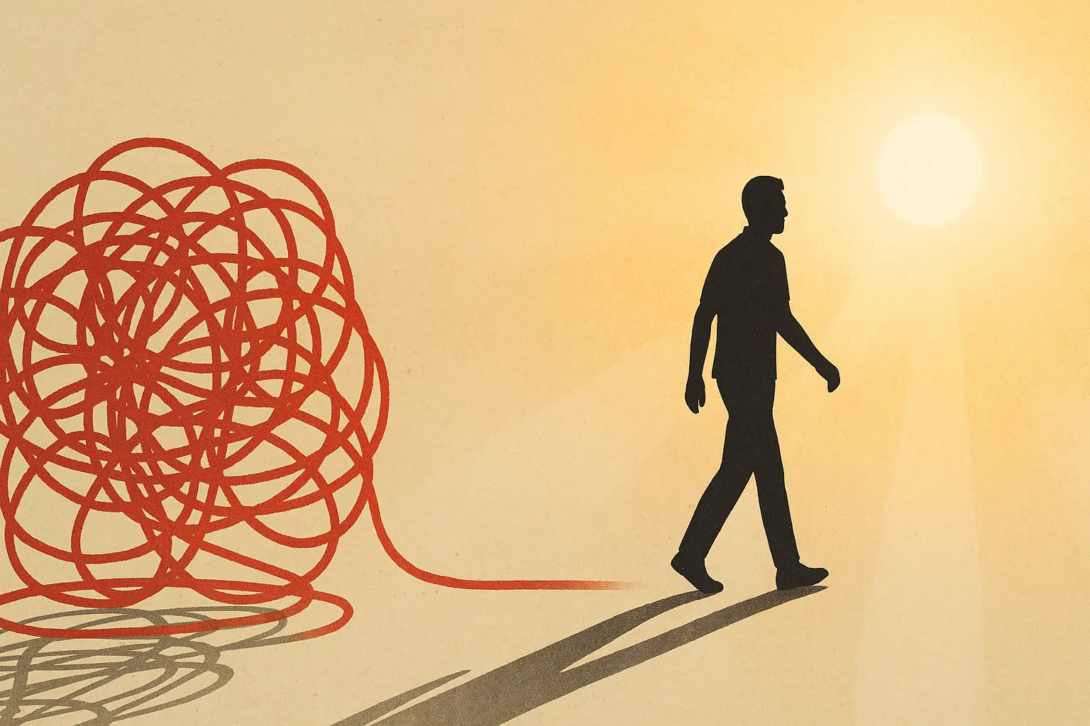 Walking Out of the Tangle — A Journey Toward Emotional Freedom Person walking out of a tangled red thread into sunlight, symbolizing emotional freedom.